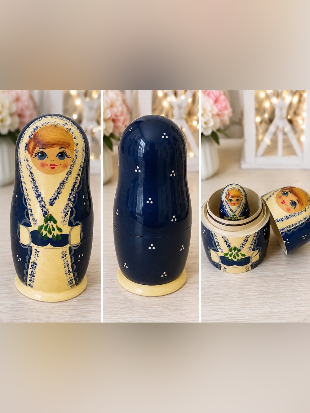 Vintage Hand Painted Russian Matryoshka Nesting Dolls 3 Piece Blue Babushka Set - Picture 5 of 7